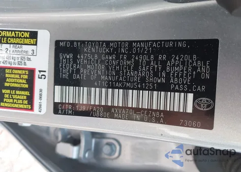 2021 Toyota Camry Le из США, поврежденный, VIN 4T1C11AK7MU541251